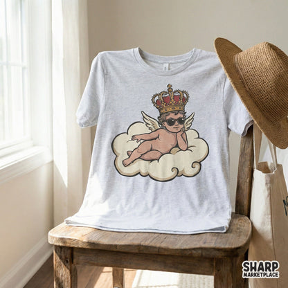 Retro streetwear graphic featuring a relaxed angel cherub in sunglasses and a crown, perfect for sublimation and apparel printing.