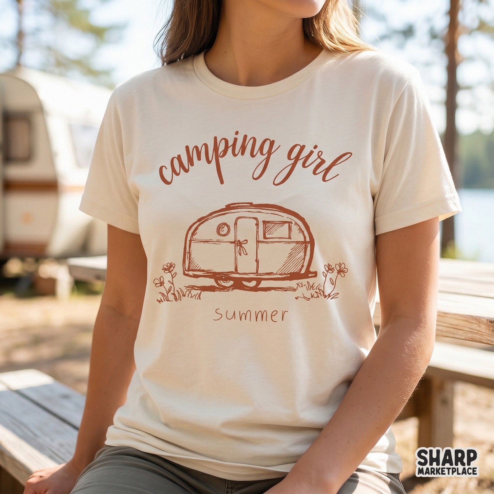 Retro camper sublimation design with trendy flowers for camping girl summer shirts
