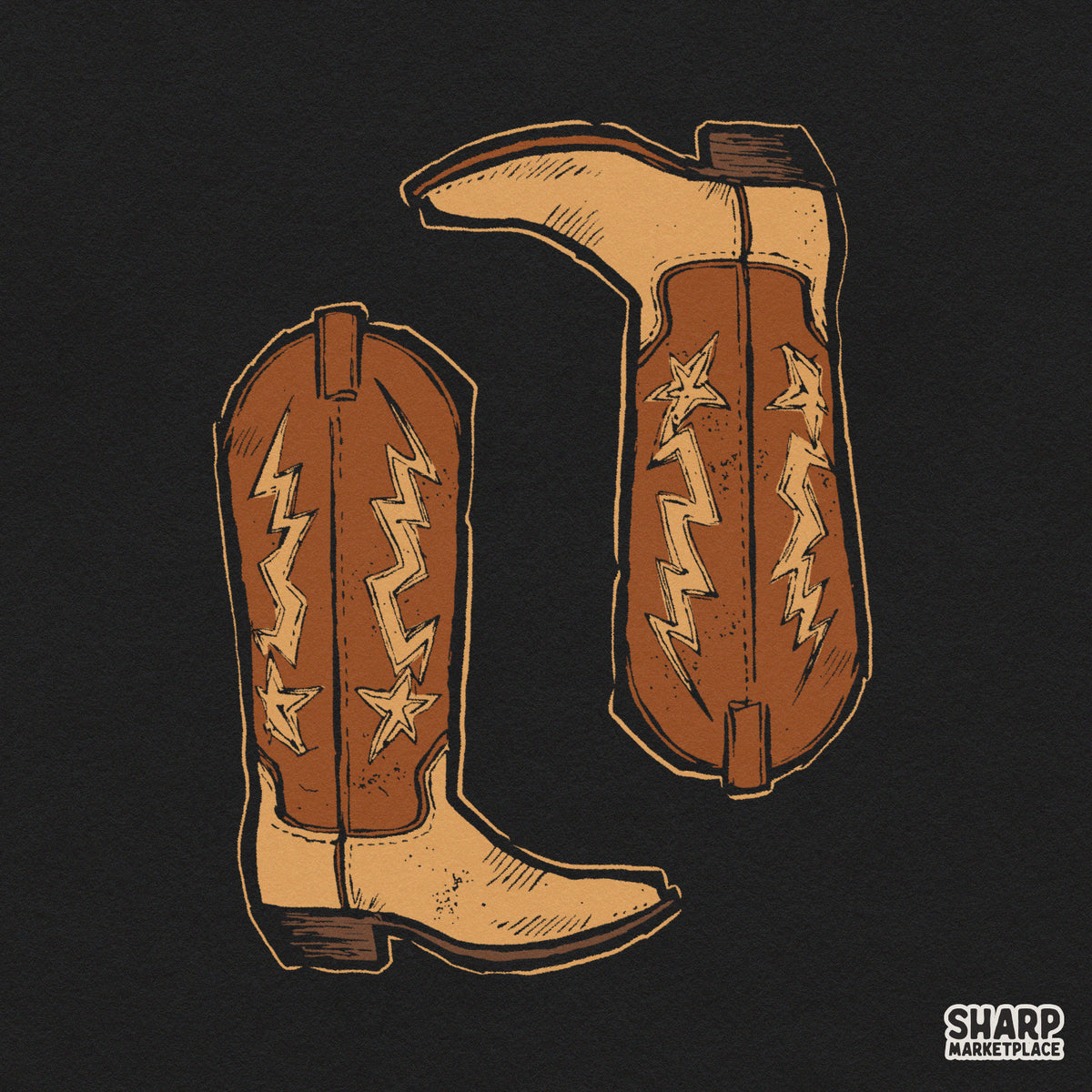 Vintage western cowboy boots with lightning bolts retro sublimation PNG graphic for country rodeo t-shirts