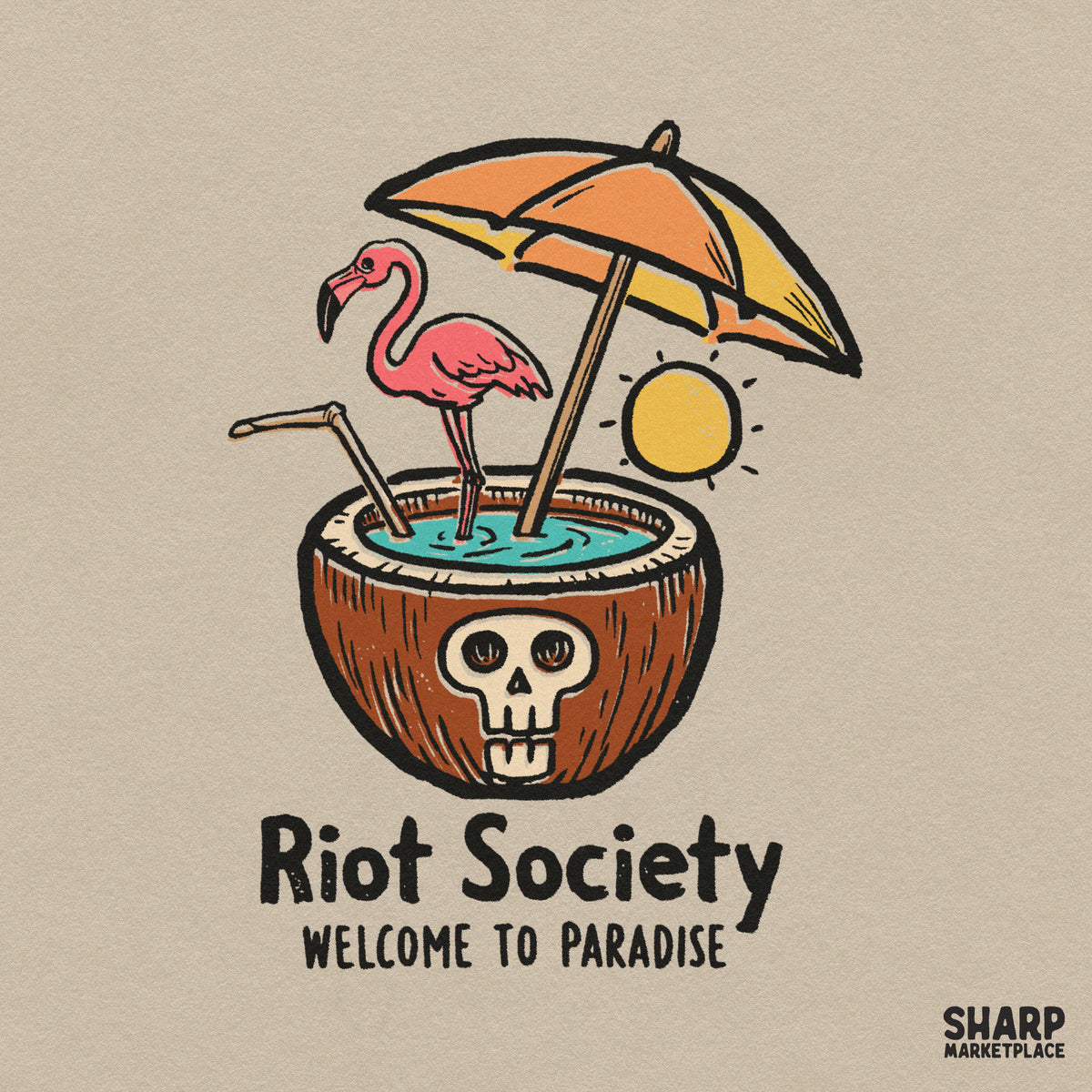 Trendy flamingo and retro coconut skull drink summer PNG graphic for tropical beach vacation shirt designs