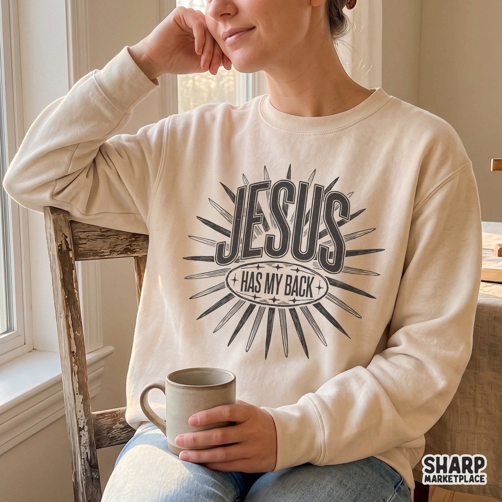 Retro Jesus Has My Back Christian PNG design with vintage sunburst for trendy religious apparel and sublimation projects