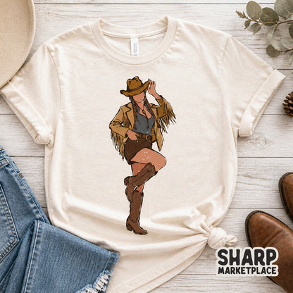 Minimalist western design of a woman in a rodeo outfit with a fringe jacket and boots, perfect for sublimation, stickers, or custom apparel.
