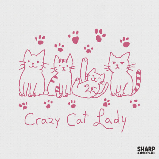 Hand-drawn pink line art design featuring four cats in various poses with paw prints and the handwritten text Crazy Cat Lady on a white background.