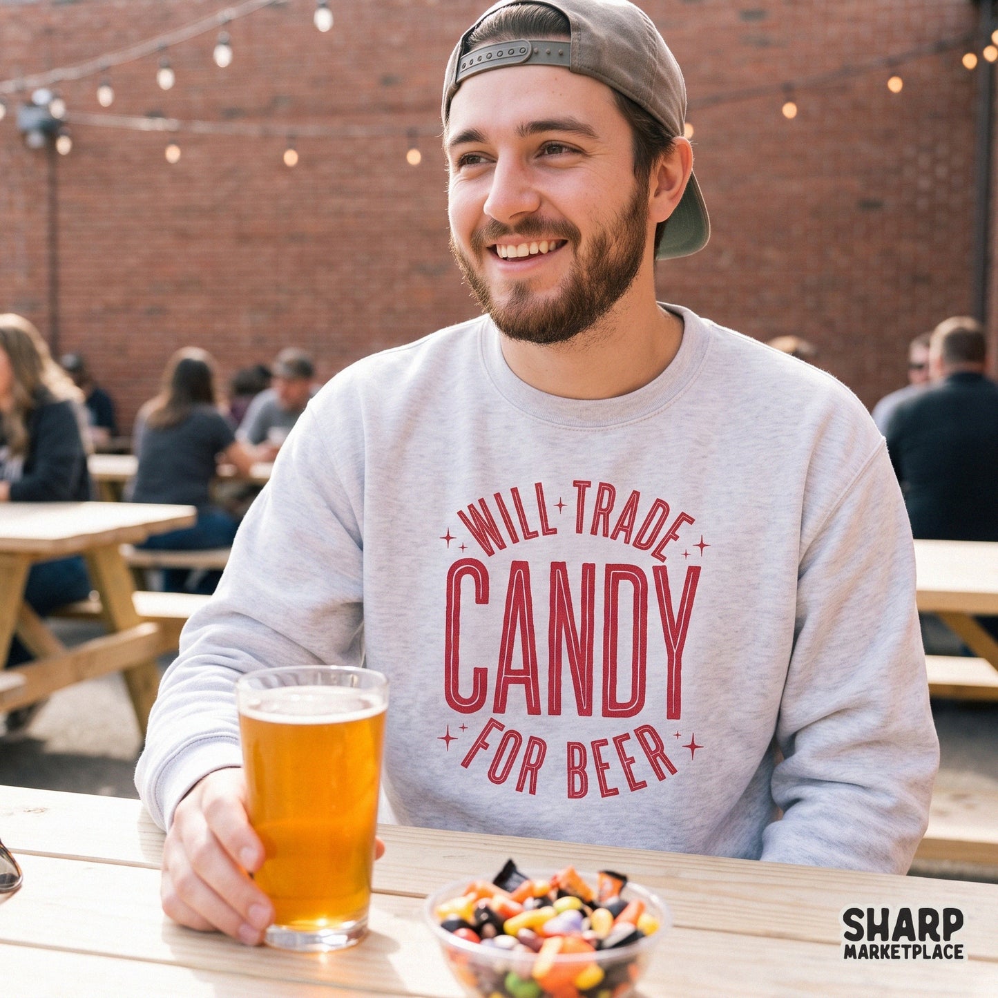 Retro Will Trade Candy For Beer text design for Halloween sublimation shirts and sarcastic drinking humor gifts