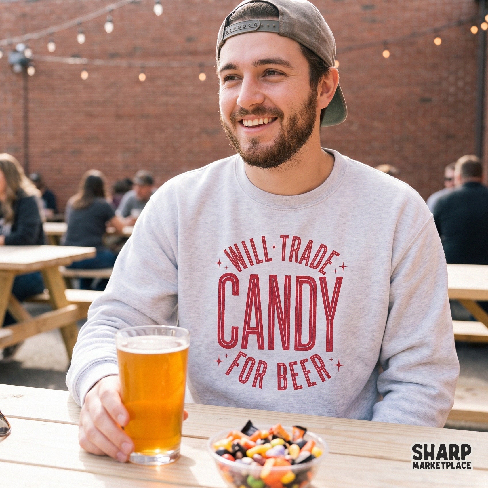 Retro Will Trade Candy For Beer text design for Halloween sublimation shirts and sarcastic drinking humor gifts