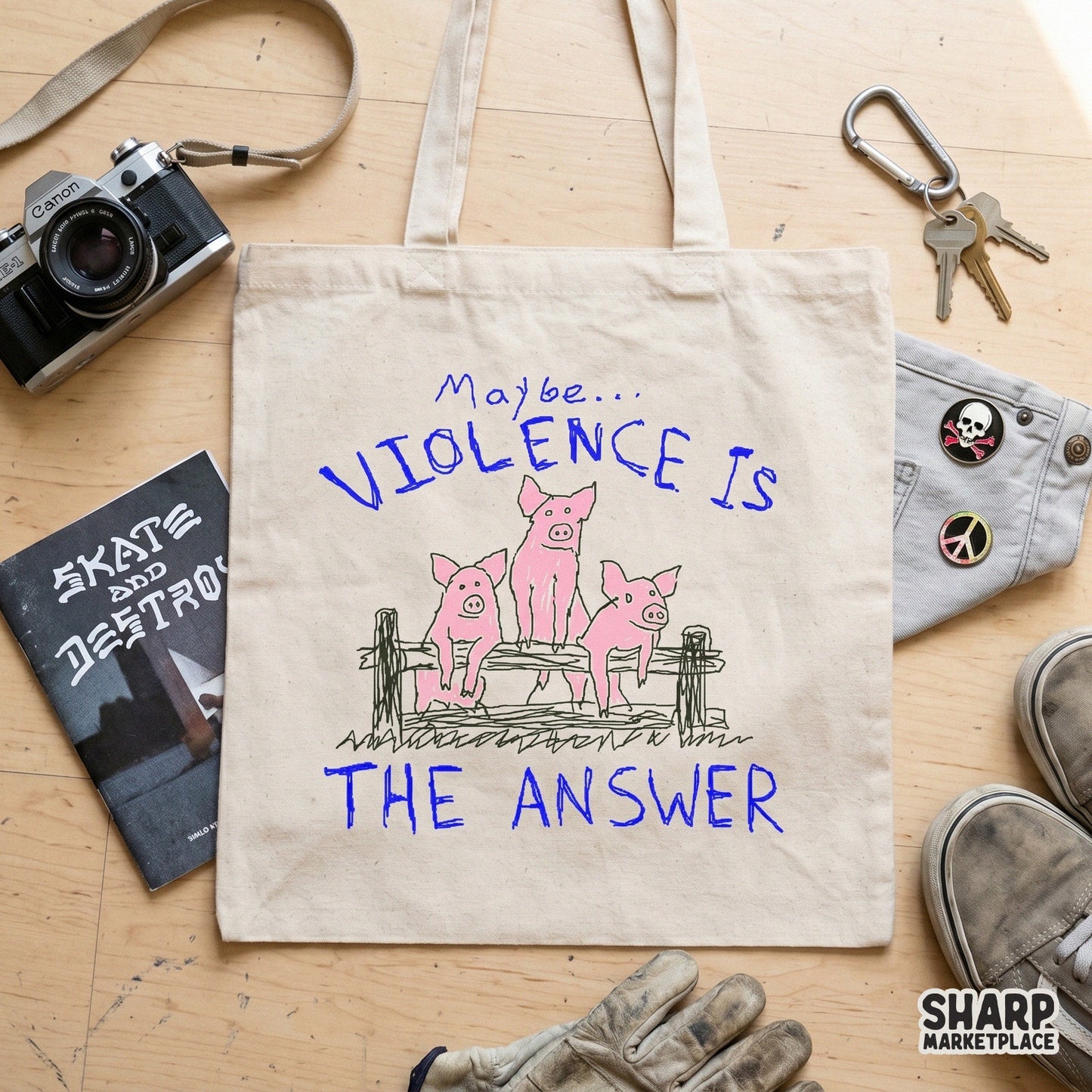 Playful sketch of three pink pigs on a rustic fence with the text Maybe Violence Is The Answer, a high-resolution PNG for custom print-on-demand items.