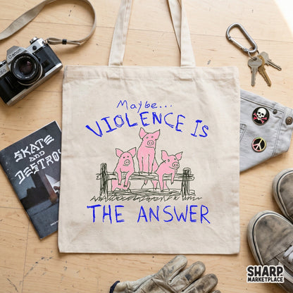Playful sketch of three pink pigs on a rustic fence with the text Maybe Violence Is The Answer, a high-resolution PNG for custom print-on-demand items.