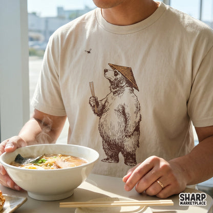 Retro funny asian bear looking at fly with chopsticks sublimation design for trendy custom t-shirts and tumblers