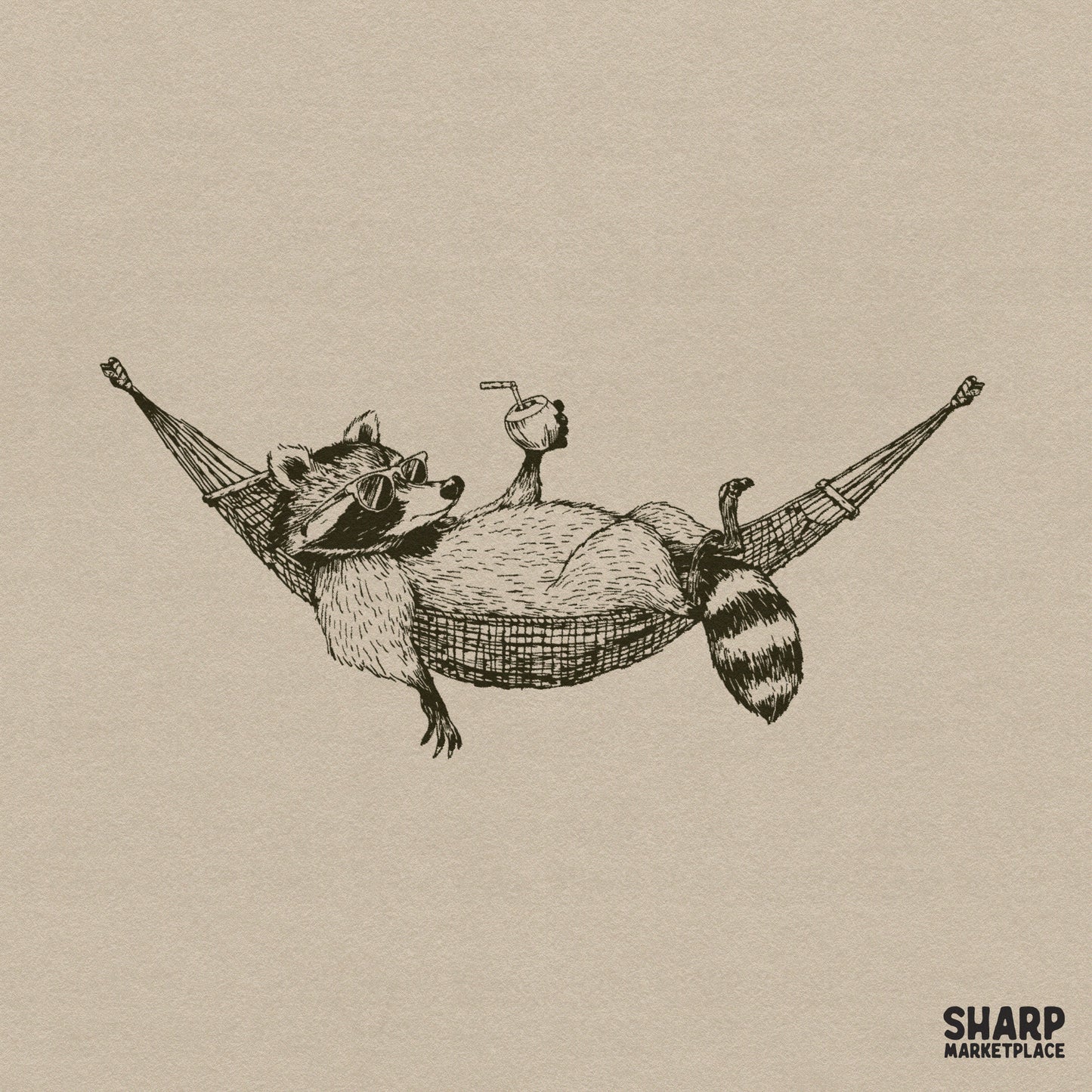 Vintage retro raccoon relaxing in a hammock drinking coconut, summer shirt design png