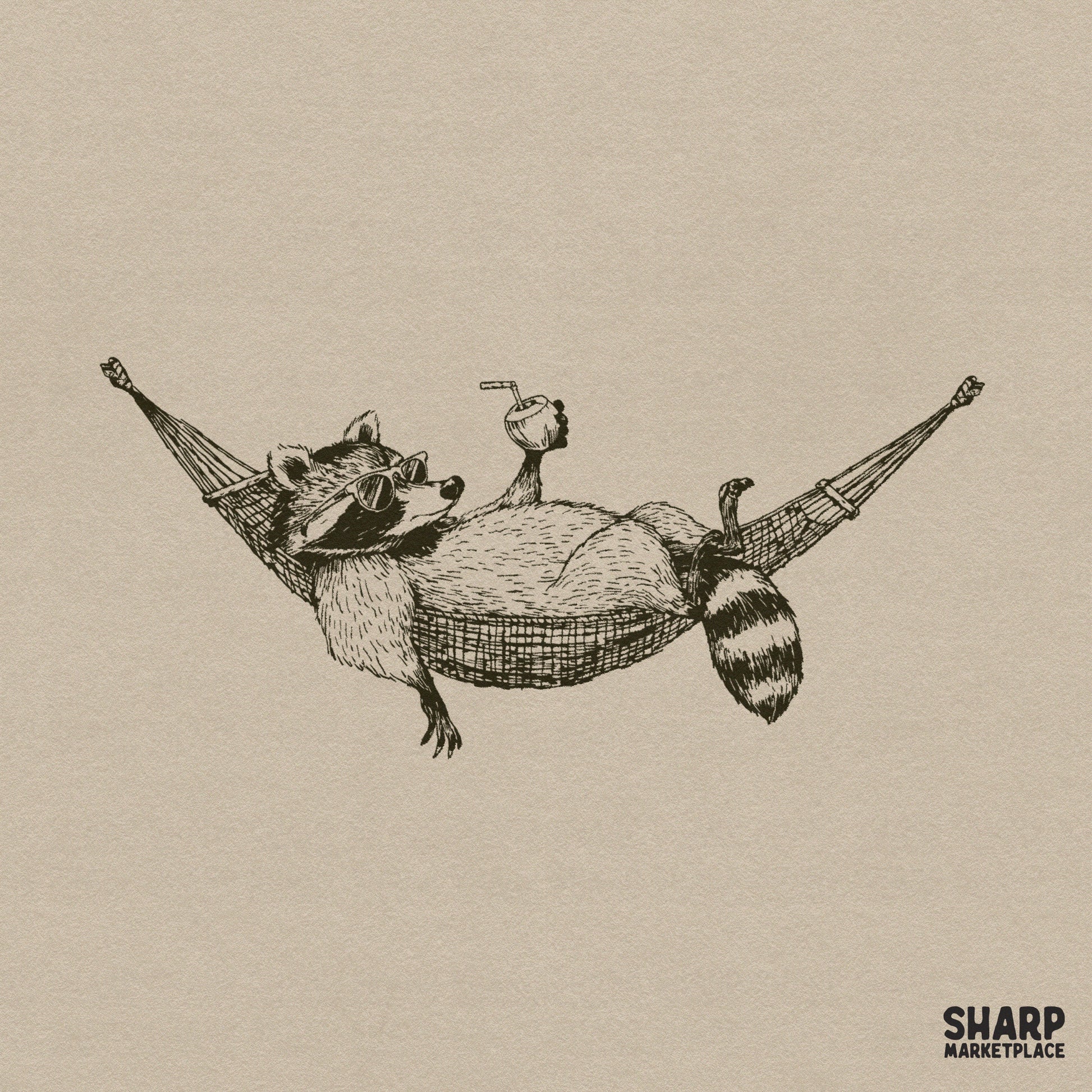 Vintage retro raccoon relaxing in a hammock drinking coconut, summer shirt design png