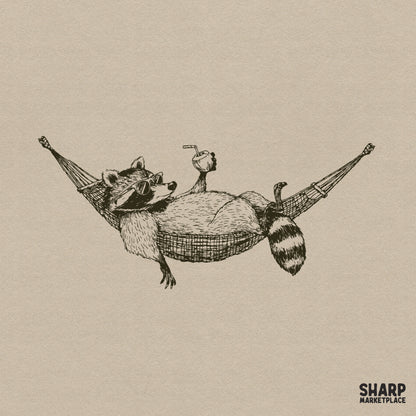 Vintage retro raccoon relaxing in a hammock drinking coconut, summer shirt design png