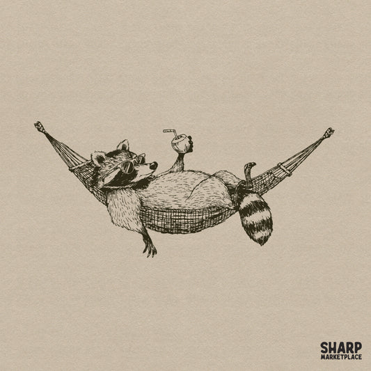 Vintage retro raccoon relaxing in a hammock drinking coconut, summer shirt design png