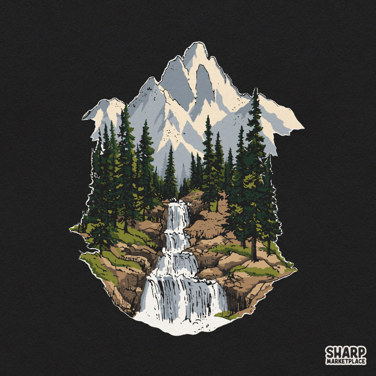 Retro snowy mountain peak with tiered waterfall and pine forest, ideal fall camping png design for t-shirts