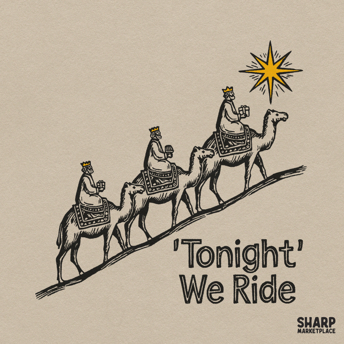 Three Wise Men riding camels under the nativity star vintage Christian PNG design for Christmas t-shirts