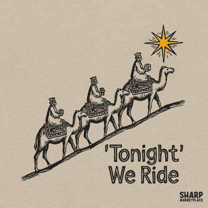 Three Wise Men riding camels under the nativity star vintage Christian PNG design for Christmas t-shirts