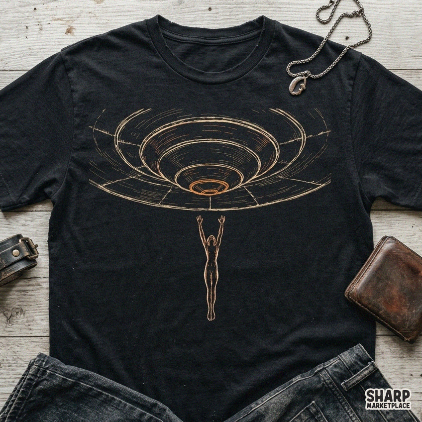 Sci-fi UFO abduction design featuring a flying saucer beaming up a human, perfect for Halloween shirt sublimation PNG