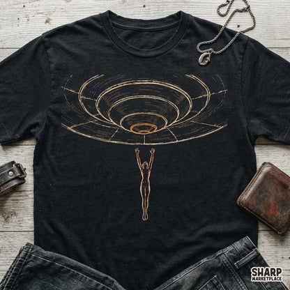 Sci-fi UFO abduction design featuring a flying saucer beaming up a human, perfect for Halloween shirt sublimation PNG
