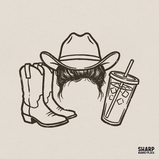 Minimalist line art illustration of a cowboy hat on a messy bun, western boots, and an iced coffee cup, perfect for country-themed sublimation.