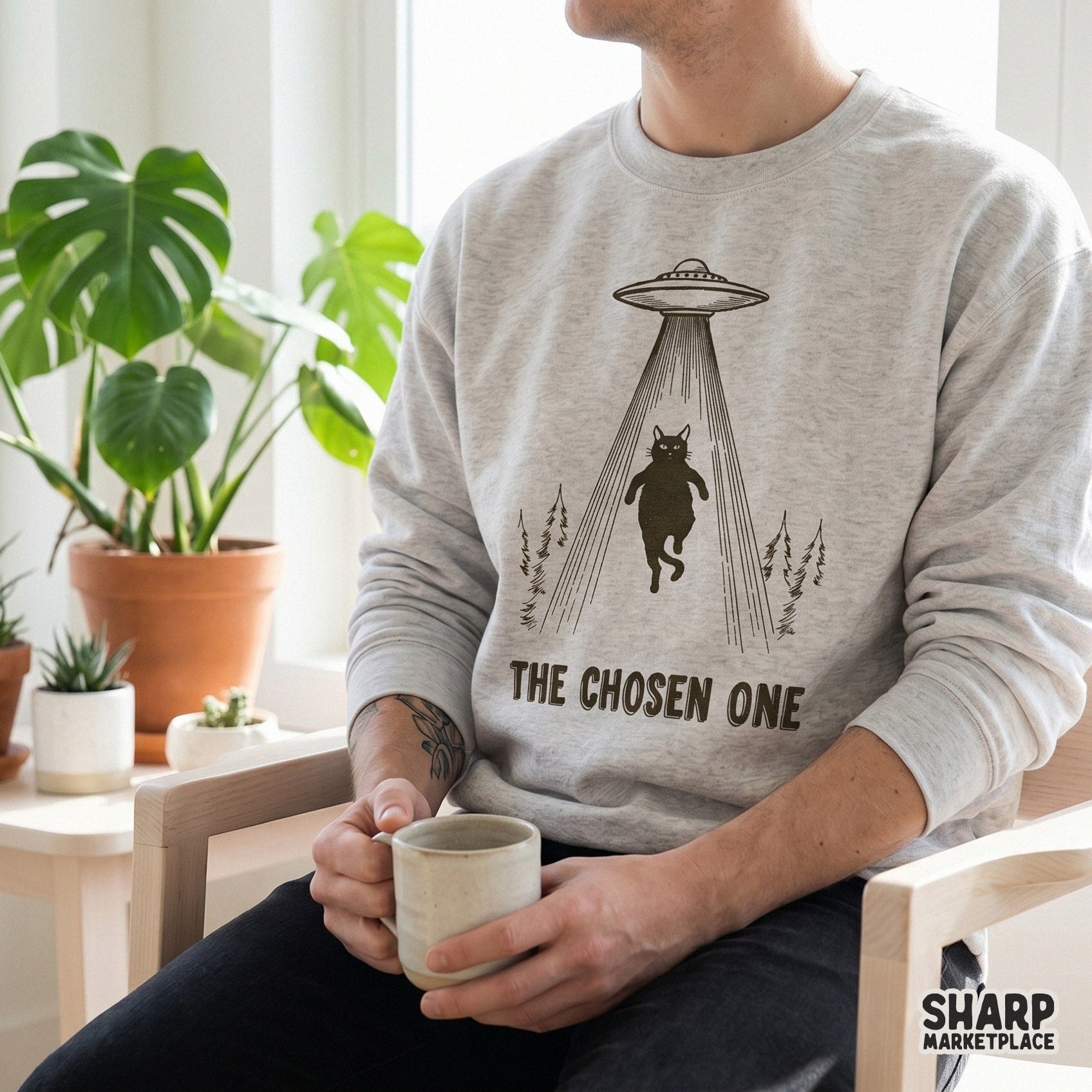 The Chosen One Alien Abduction Black Cat PNG for funny Halloween space UFO meme shirts and trendy sci-fi apparel design