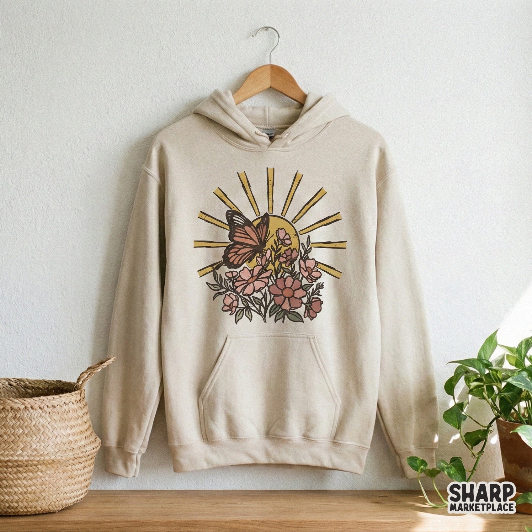 Boho sunshine and butterfly floral graphic in earthy terracotta and sage tones, ideal for printable stickers, tote bags, and wall art projects.