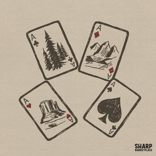Vintage western ace playing cards design featuring mountain scenes for cowboy apparel and sublimation crafts