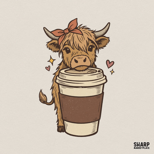 Cute boho highland cow digital illustration wearing an orange bandana and holding a large coffee cup with hearts and stars in a retro color palette.