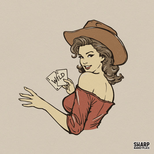 Retro cowgirl pinup illustration wearing a brown cowboy hat and rust shirt, holding playing cards labeled Wild, in a vintage western style.
