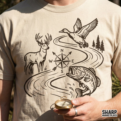 Detailed wilderness graphic with a deer, duck, fish, and compass rose, perfect for laser engraving, rustic wall art, or cabin-themed sublimation projects.