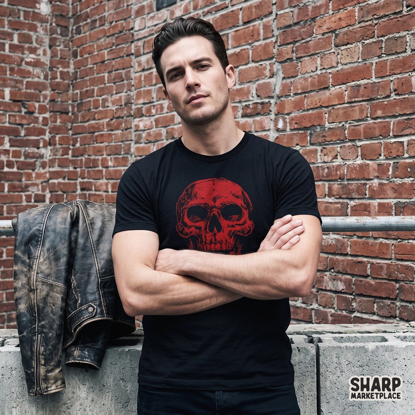 Red macabre skull drawing on dark background for edgy gothic horror apparel and Halloween spooky season sublimation designs