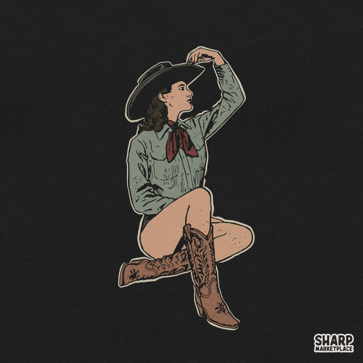 Classic vintage western cowgirl sitting with hat illustration digital retro png graphic for country music t-shirts