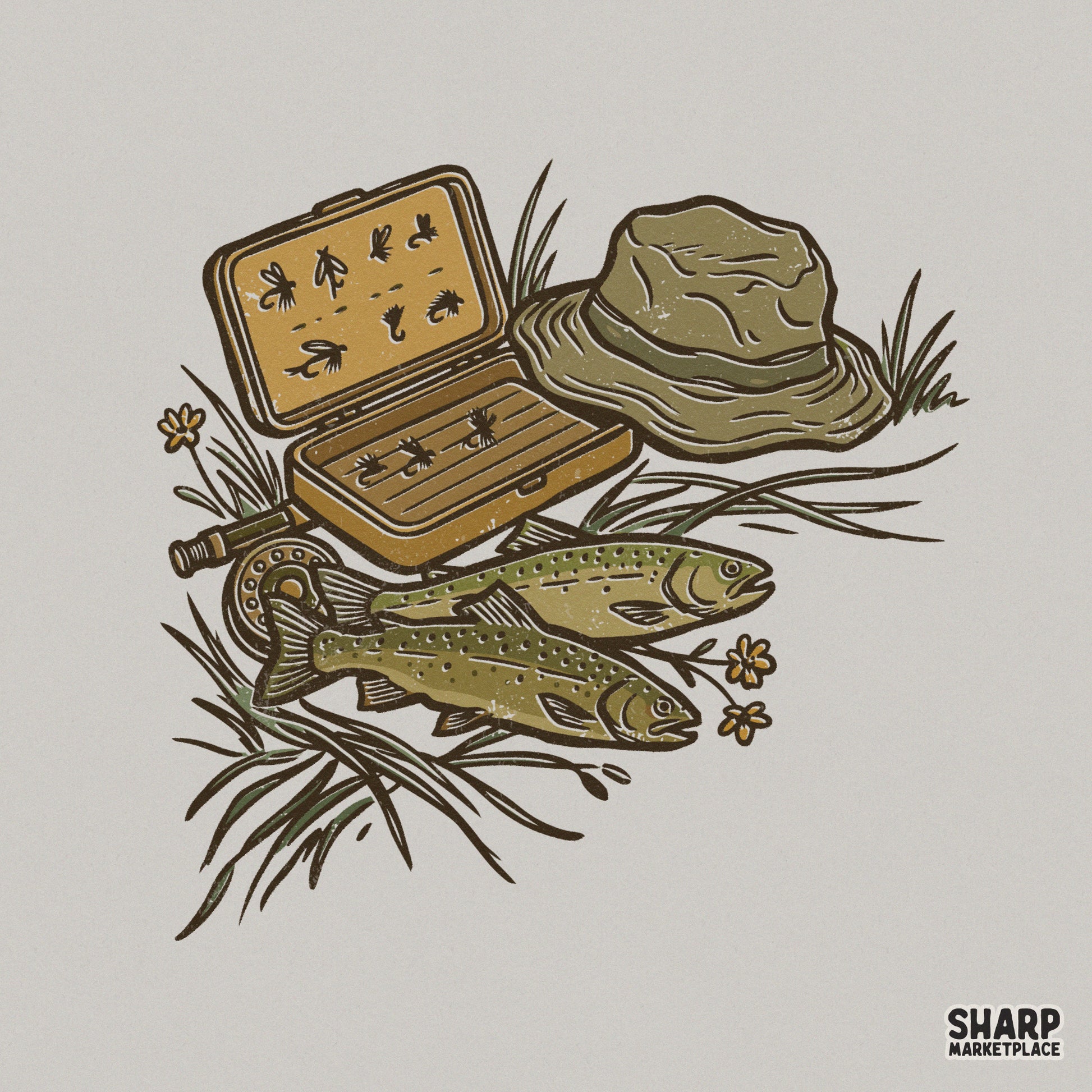 Vintage fishing tackle digital design featuring a rustic tackle box, bucket hat, and two trout in grass with yellow flowers in muted earthy tones.