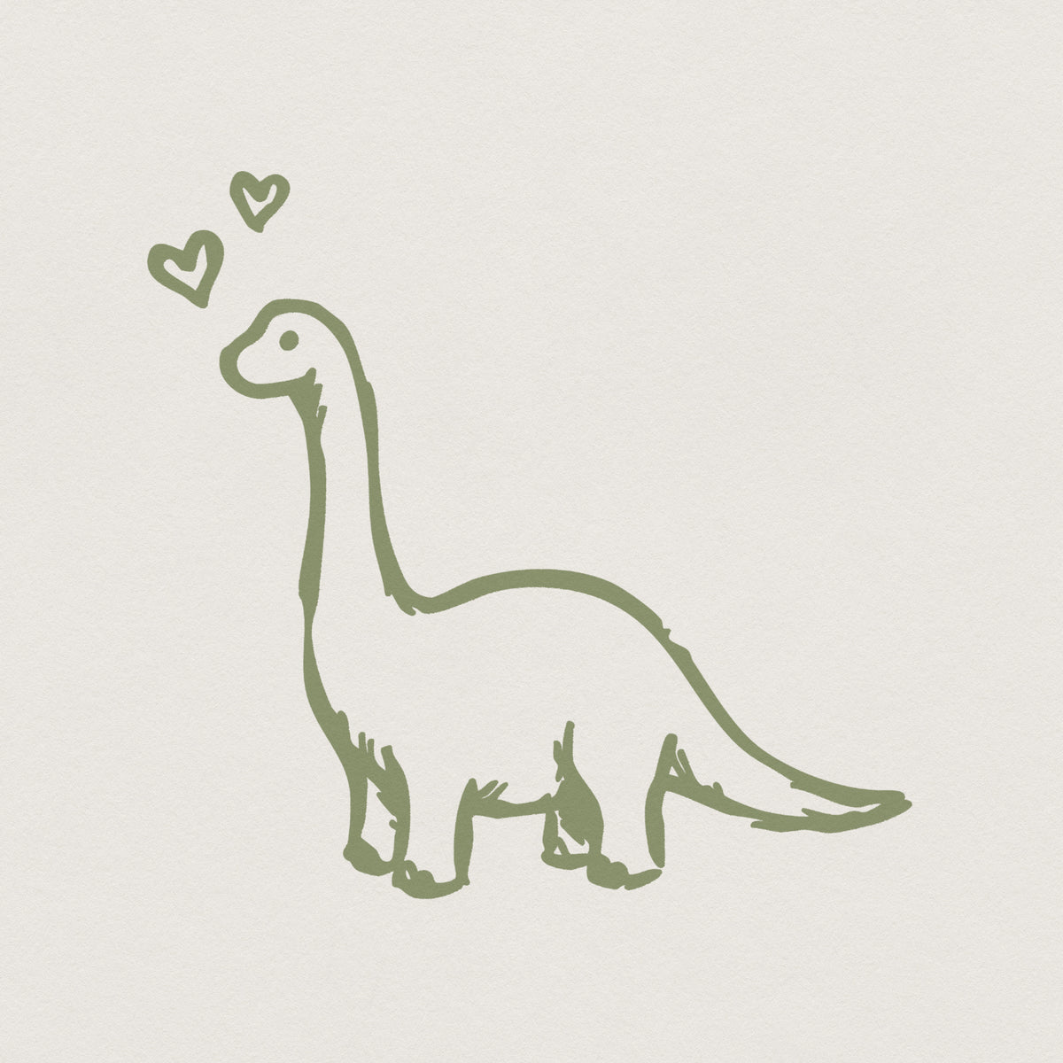 Hand drawn minimalist long neck dinosaur illustration in mossy green with two small floating hearts, perfect for kids shirts or nursery decor.