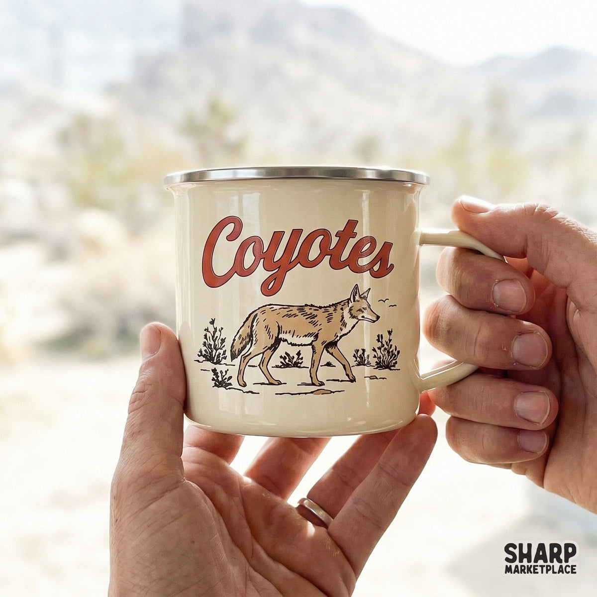 Hand-drawn coyote walking through desert plants with vintage orange text, a versatile digital file for western-inspired apparel designs.