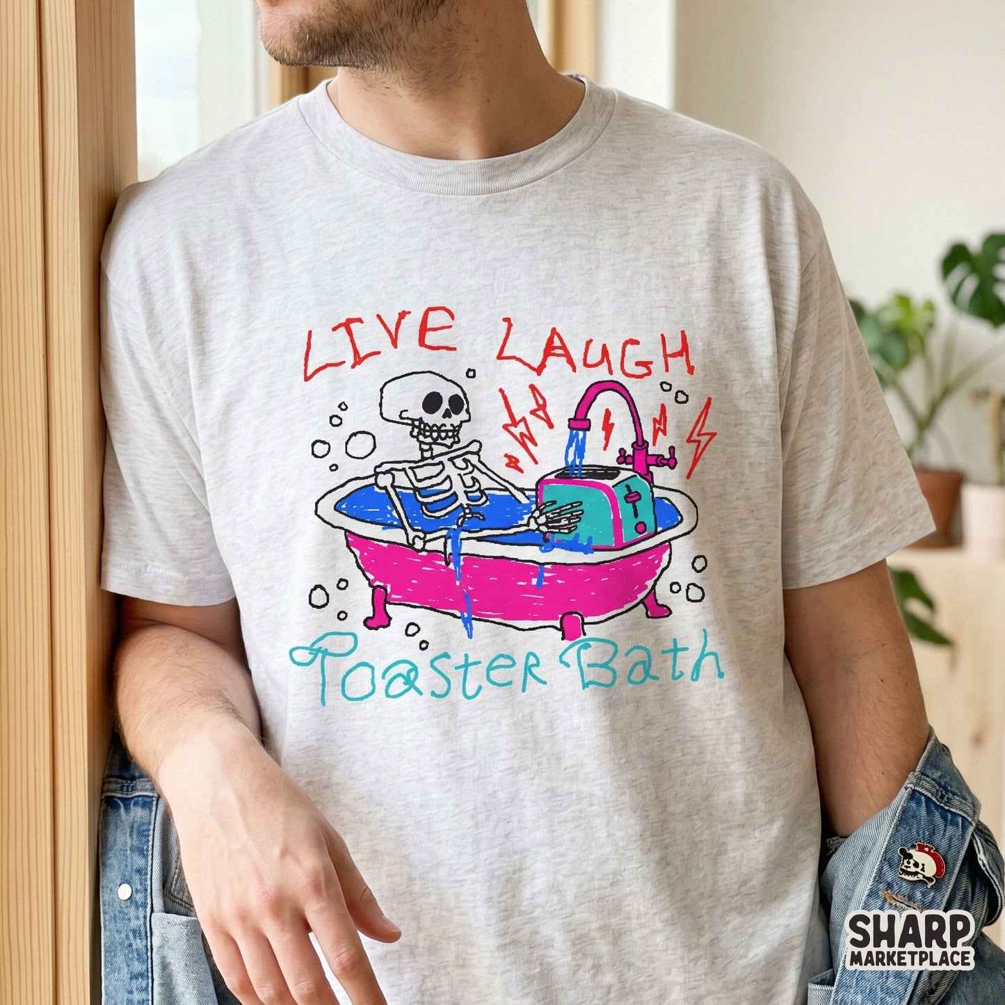 Spooky season digital design featuring a skull in a tub with a toaster, perfect for ironic Halloween apparel, stickers, or edgy sublimation projects.