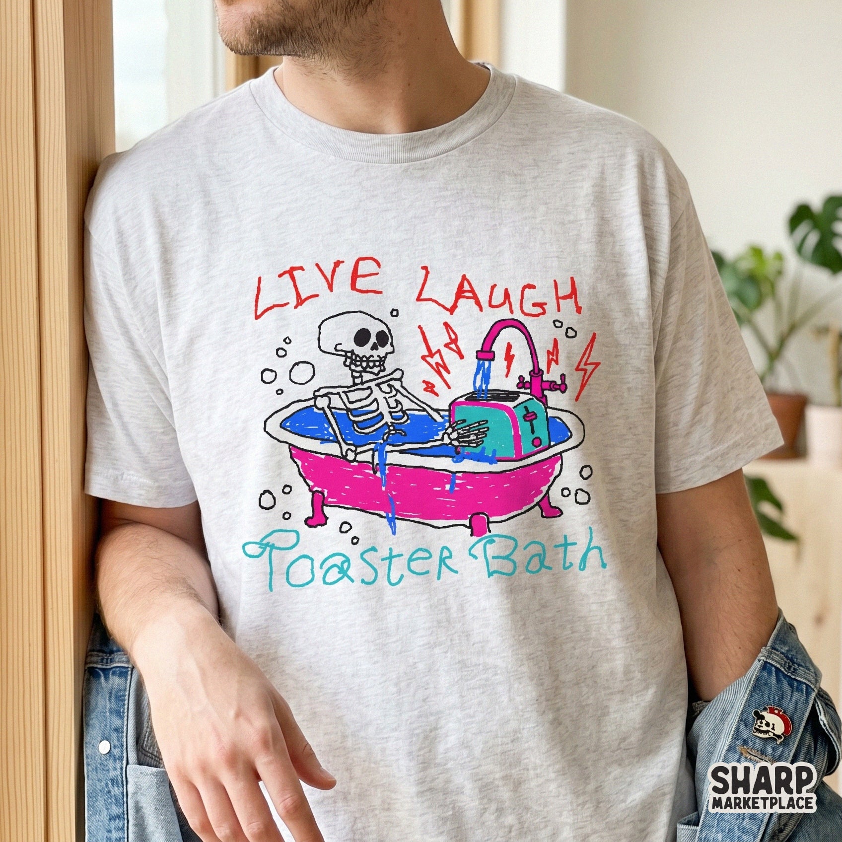 Spooky season digital design featuring a skull in a tub with a toaster, perfect for ironic Halloween apparel, stickers, or edgy sublimation projects.