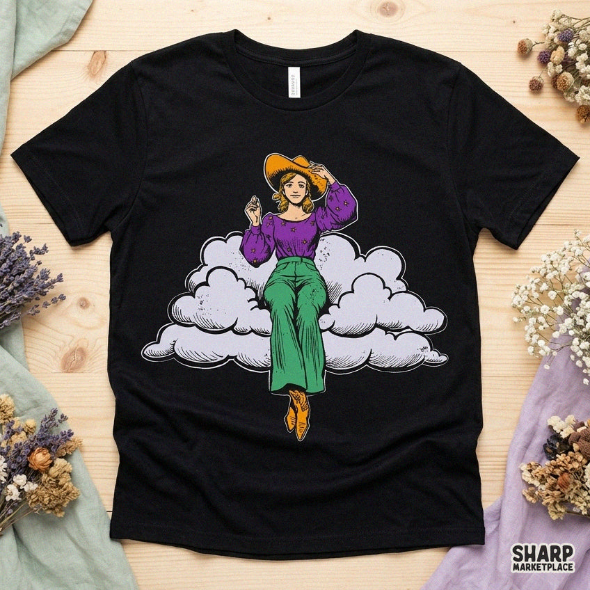 Whimsical Cowgirl Sitting On Fluffy Cloud, Trendy Retro