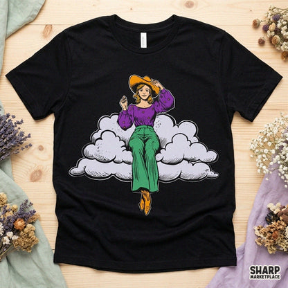 Whimsical Cowgirl Sitting On Fluffy Cloud, Trendy Retro