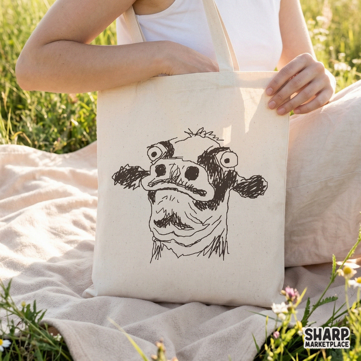 Tote bag featuring a funny, hand-drawn scruffy dog sketch with wide eyes and frantic line work, perfect for trendy apparel and DIY gifts.