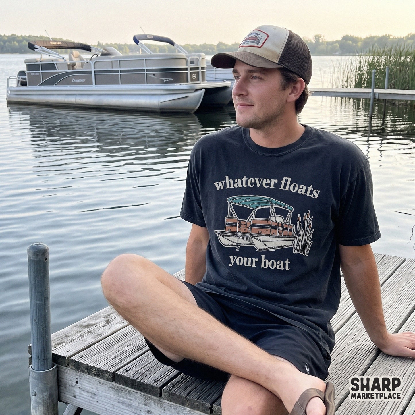 Vintage pontoon boat graphic for a summer png sublimation design, ideal for a funny retro lake day t-shirt