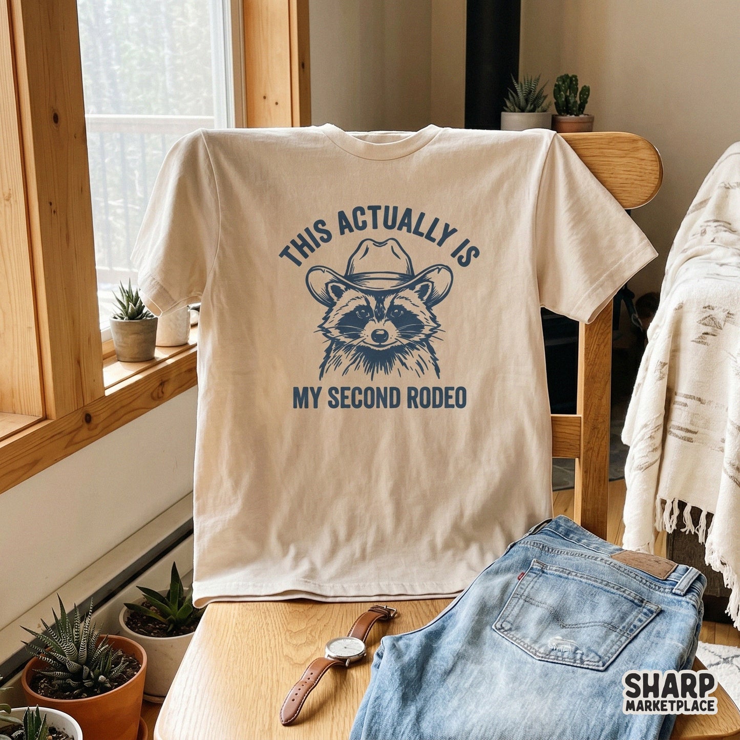 Digital design file featuring a rustic raccoon wearing a cowboy hat and the phrase This Actually Is My Second Rodeo, ideal for custom t-shirt printing.