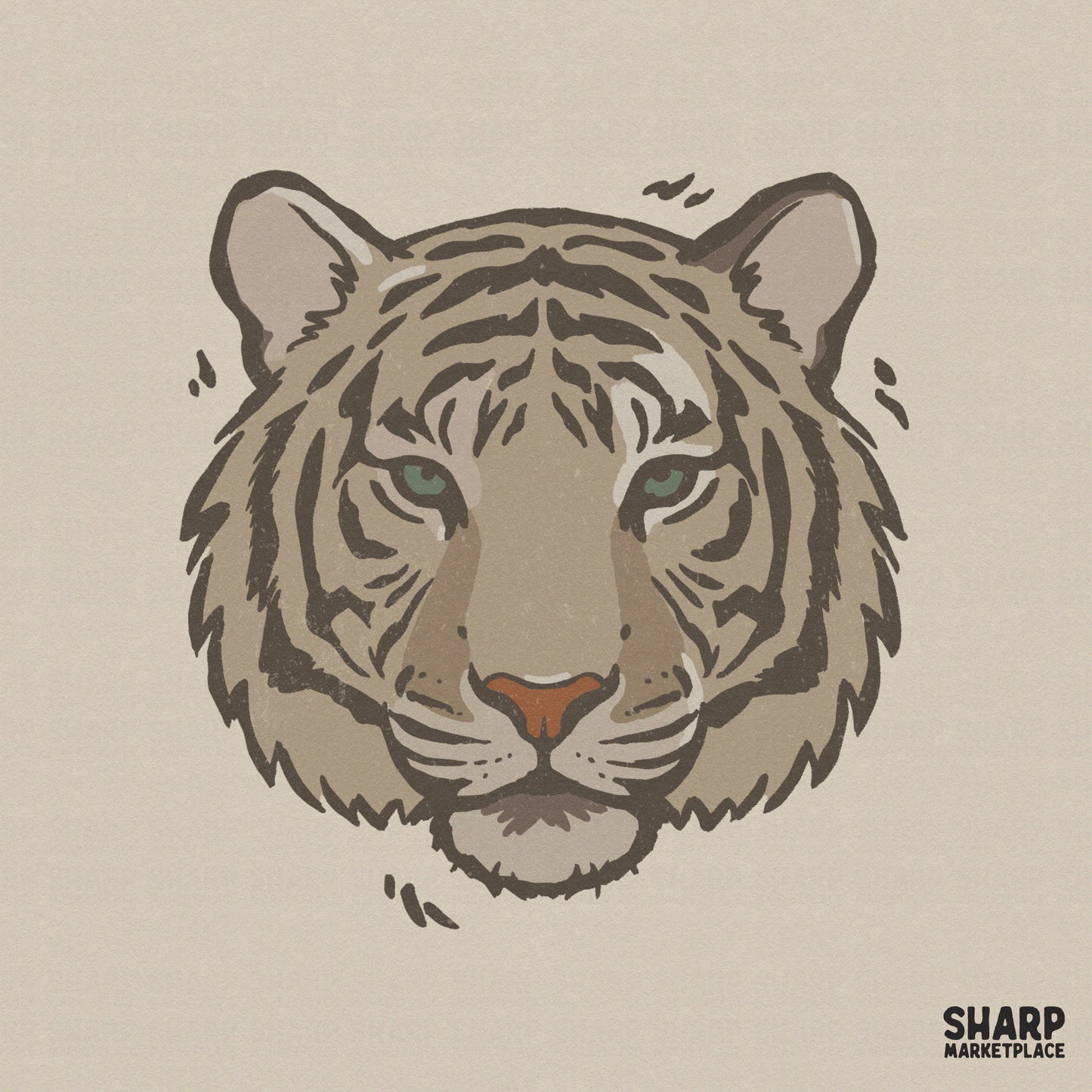 Hand-drawn tiger head illustration with a fierce gaze, featuring neutral tan and charcoal grey tones with a rust orange nose for sublimation projects.