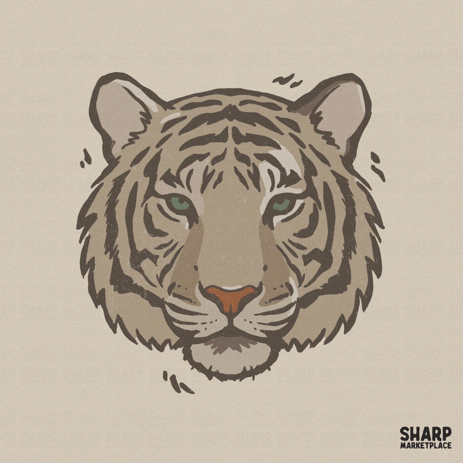 Hand-drawn tiger head illustration with a fierce gaze, featuring neutral tan and charcoal grey tones with a rust orange nose for sublimation projects.