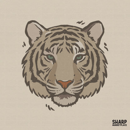 Hand-drawn tiger head illustration with a fierce gaze, featuring neutral tan and charcoal grey tones with a rust orange nose for sublimation projects.