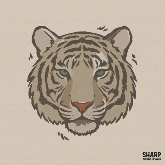 Hand-drawn tiger head illustration with a fierce gaze, featuring neutral tan and charcoal grey tones with a rust orange nose for sublimation projects.