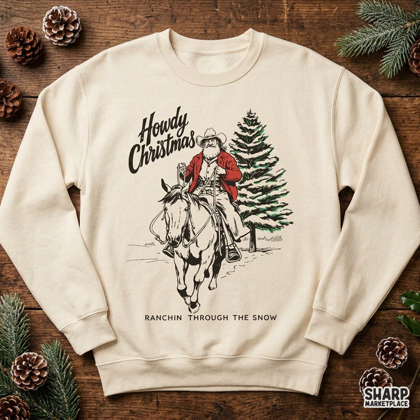 Vintage western Santa cowboy riding a horse through snow, retro Christmas PNG design for shirts and sublimation