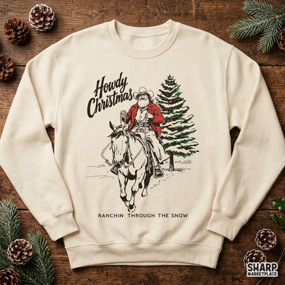 Vintage western Santa cowboy riding a horse through snow, retro Christmas PNG design for shirts and sublimation
