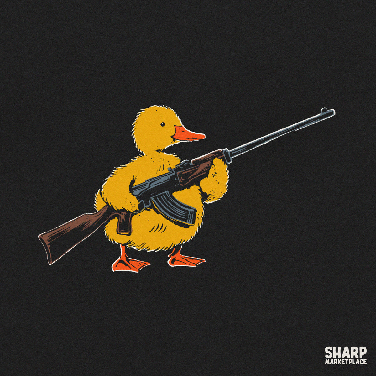 Cute duckling holding a rifle PNG graphic in tactical military style for funny t-shirt designs and apparel clipart