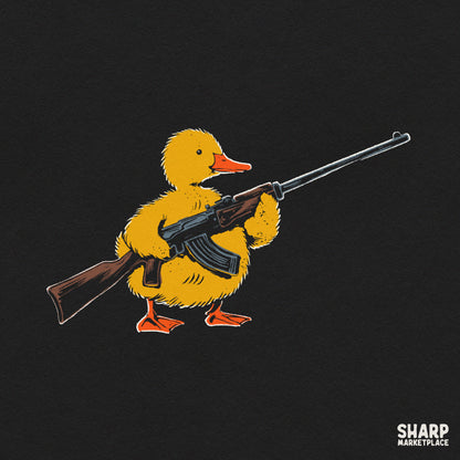 Cute duckling holding a rifle PNG graphic in tactical military style for funny t-shirt designs and apparel clipart