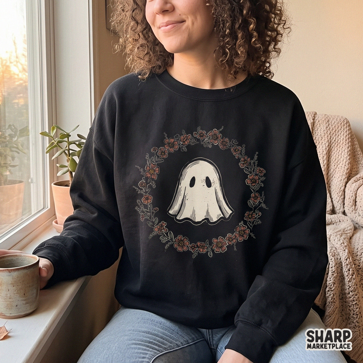 Kawaii cute ghost inside a floral wreath Halloween PNG design for sublimation t-shirts and autumn crafts