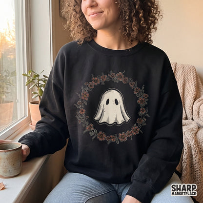 Kawaii cute ghost inside a floral wreath Halloween PNG design for sublimation t-shirts and autumn crafts